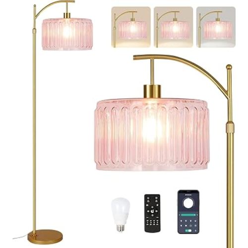 ILLMTW Pink Floor Lamp for Living Room,Bedroom,Gold Dimmable Standing Lamp with Remote,Mid Century Modern Brass Tall Lamp Boho Floor Lamps Arc Stained Glass Flower Floor Light Lamp Girls kids Bohemian