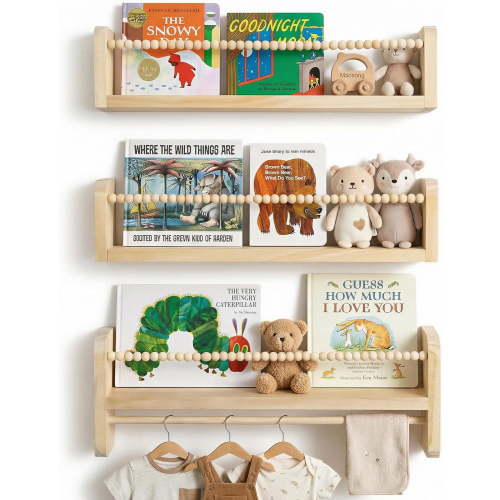 Nursery Book Shelves for Wall Set of 3, Natural Wood Bookshelves Wall Decor, Small Floating Shelf Organizer for Kids Room, Bedroom, Kitchen Spice Rack