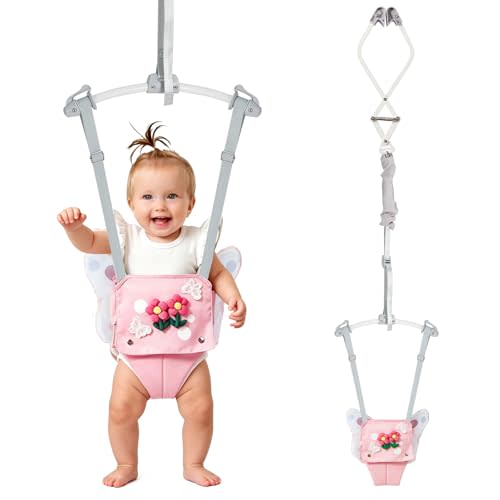 FUNLIO Baby Door Jumper for 6-24 Months (with Door Clamp), Baby Jumper Doorway with Strong Spring & Adjustable Strap, Portable Infant Door Bouncer, Bearing 40 Lbs, Pink Butterfly