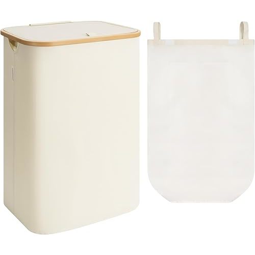 StorageWorks 100L Large Laundry Hamper with Lid, Tall Laundry Basket with Bamboo Handles and 1 Removable Inner Bag, Collapsible Laundry Hamper for Clothing, Towels, Beige, 1-Pack