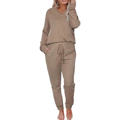 Womens Pajama Sets Waffle Knit 2 Piece Lounge Sets Sleepwear Loungewear Pjs Long Sleeve Maternity Postpartum Pajamas