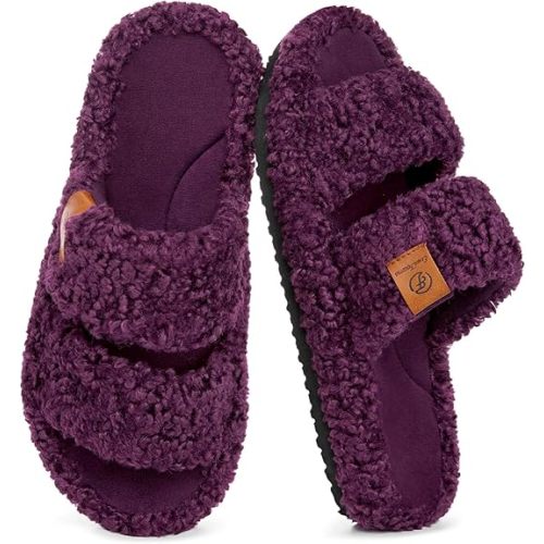 EverFoams Womens Fuzzy Open-toe Slippers Soft Comfy Memory Foam Indoor House Shoes