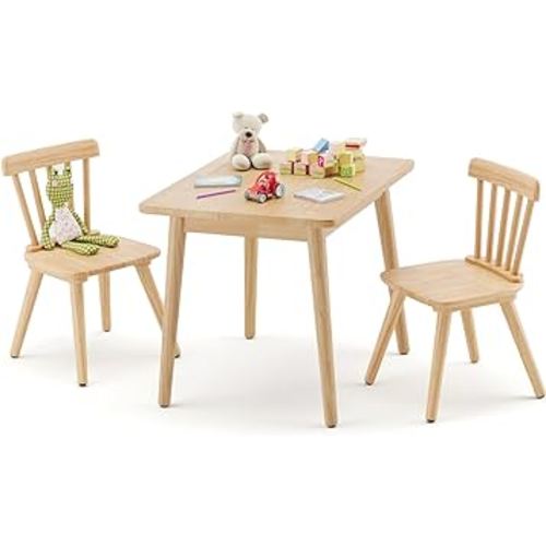 Curipeer Windsor Kids Table and 2 Chair Set, Rubberwood Children Toddler Table and Chair Set with Non-Slip Legs/Round Edge Design for Art, Play, Craft, Activity, Natural Wood