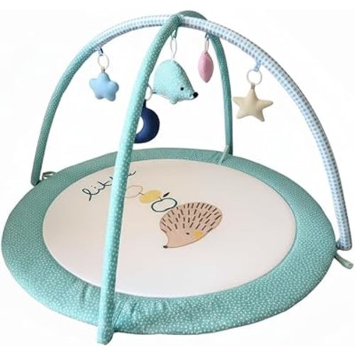Baby Play Gym Mat & Activity Mat - 100% Cotton Soft Playmat with 6 Detachable Toys for Tummy Time, Machine Washable, Sensory Development Gift (Hedgehogs)