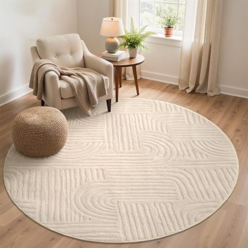 GENIMO Soft 6FT Round Rug Beige Washable for Living Room, High Low Pile