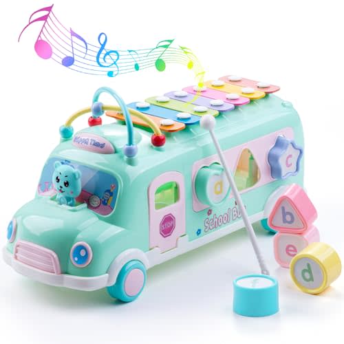 5-in-1 Baby School Bus Xylophone Toys for 1 Year Old Girl Gifts, Educational Baby Toy 6-12-18 Month, 1st Birthday Gril Gift, Toddlers Montessori Musical Baby Bus with Shape Sorter & Knock Hammer