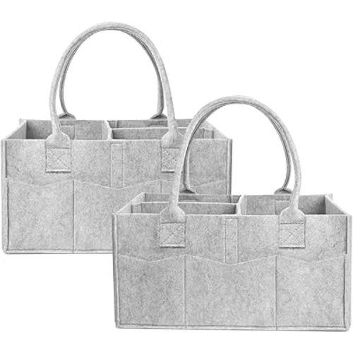2 Pack Diaper Caddy Organizer, Portable Baby Caddy Organizer with Handle, Collapsible Nursery Storage Bin and Gift Baskets for Girls and Boys - Newborn Essentials, Baby Shower Gifts (Gray)
