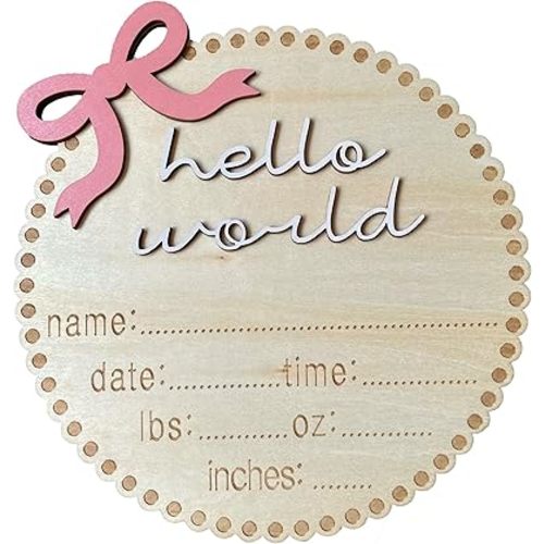 6.5" Baby Announcement Sign, Wooden Hello World Newborn Sign, Name Sign for Nursery Decor, Bow Decor Welcome Baby Sign (Pink Bow)