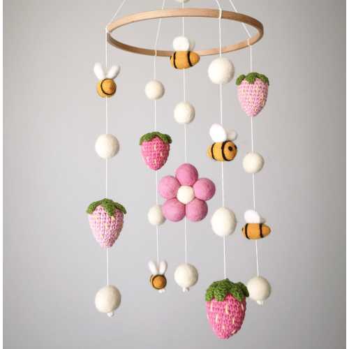 Strawberry Baby Mobile, Bees Floral Nursery Decor, Flowers Fruits Crib Mobile, Garden Hanging Mobile, Girls Cot Mobile, Bumblebee Baby Gift