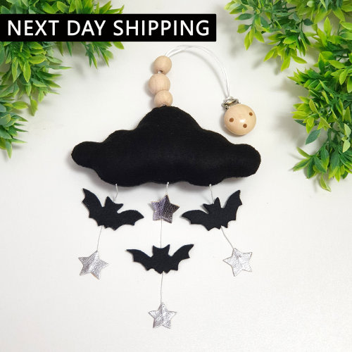 Halloween nursery decor, cloud stroller toy, gothic nursery mobile, goth baby, cloud toy, spooky bat mobile, Haloween gift, gothic pram toy