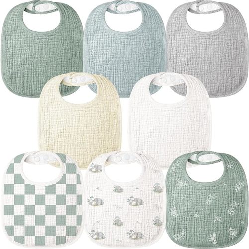 Bearmoss Baby Bibs for Drooling and teething 100% Cotton Muslin Bibs for Baby Boy & Girl,Adjustable, Ultra Absorbent,8 Pack