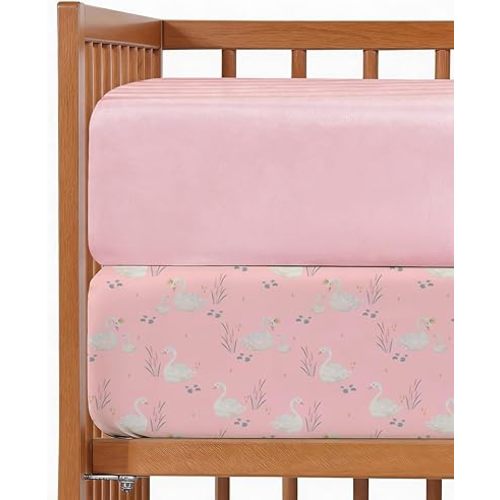 Baby Crib Sheets for Boys & Girls - Pack of 2 Fitted Microfiber Crib Sheets for Standard Crib & Toddler Mattress - Soft, Breathable and Wrinkle Free - Machine Washable - Oeko Tex - 52x28x8in - Swans