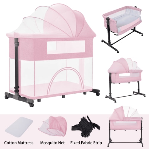 Portable Baby Bassinet & Baby Bedside Sleeper,Newborn Rocking Crib and Playard Combo with Play Zone,Unisex,PINK