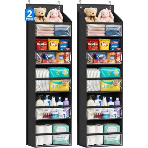 AOODA 2 Pack Over the Door Organizer, Large Capacity Closet Door Hanging Organizer, Clear Deep Pockets Baby Storage for Nursery, Bathroom, Bedroom, Pantry, Diapers (Black)