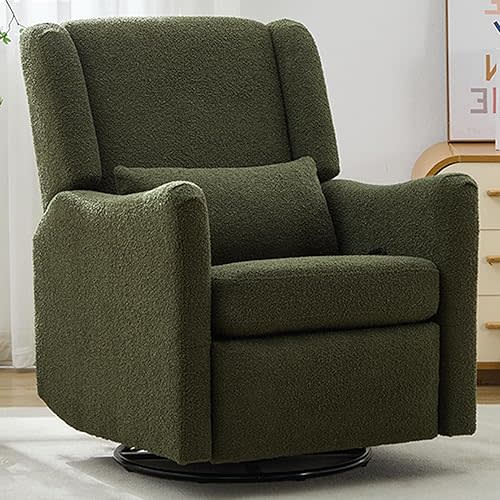 Classic Wingback Glider Recliner Nursery Chair, Rocker Swivel Recliner Chairs for Small Spaces, Thick Cushion, Linen (Green)