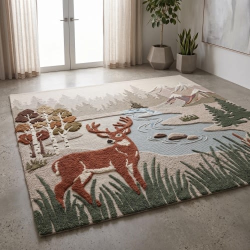 Wildlife Deer Hand-Tufted Loop Pile Rug, Nature Landscape and Forest Wool Carpet