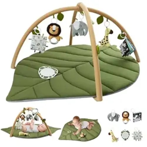 Blissful Diary Baby Play Gym & Activity Mat, Oversize Leaf Shaped Baby Play Mat w 6 Detachable Toys, Tummy Time Mat Promote Motor Skills & Sensory Development Mat, Newborn Infant Baby Essentials Gift