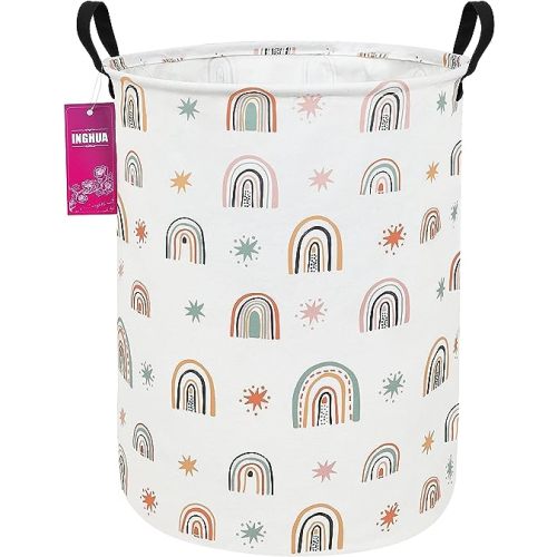 Laundry Hamper Large Canvas Fabric Lightweight Storage Basket/Organizer/Dirty Clothes Collapsible Waterproof for College Dorms, Boys and Girls Bedroom,Bathroom(Star Rainbow)