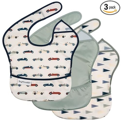 Tiny Twinkle Mess-Proof Baby Bibs for Eating | Waterproof, Wipeable Toddler Bibs with Catch-All Pocket | Feeding Bibs for Girls & Boys(3 Pack,Vintage Cars,Varsity Flags)