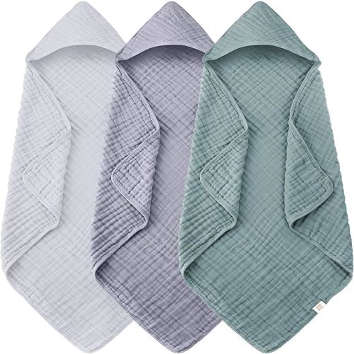 3-Pack Muslin Hooded Baby Towels, 100% Cotton, Ultra-Soft & Absorbent Baby Bath Towels with Hood for Babies, Infant, Toddler and Newbron (Grey, Green and Slate,32" x 32")