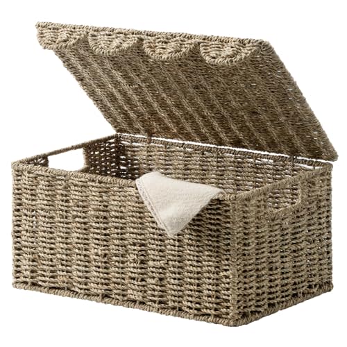 StorageWorks Scalloped Edge Wicker Basket, Seagrass Storage Baskets for Living Room, Bedroom, 15" L x 11 ¼" W x 7" H | Rattan Storage Baskets with Scalloped Edge, Basket with Lid Decorative Storage, Woven Wicker Basket for Living Room, Bedroom
