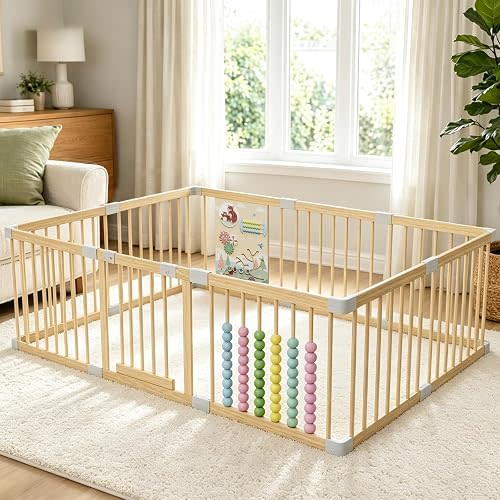 Wooden Baby Playpen, Indoor Play Yard for Toddlers, Stable Fixed 78"x53"