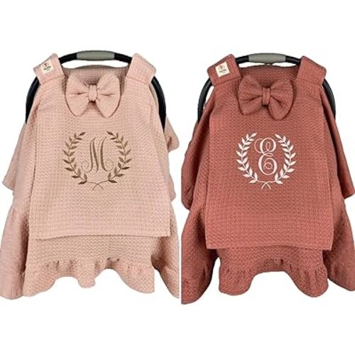 Personalized Baby Car Seat Covers, Custom Name Carseat Cover with Canopy and Breastfeeding Cover, Newborn Cotton Car Seat Cover Dustproof Privacy for Infant Unisex