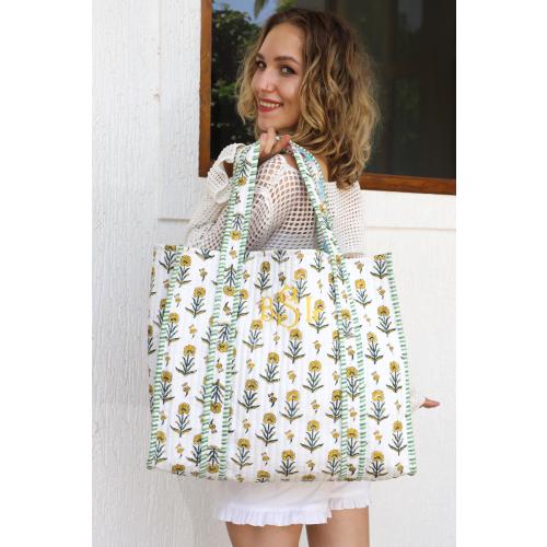 Embroidered Bridesmaid Tote Bag Quilted Personalized, Block Print Bridal Gift, Beach Bag Baby, Monogramed Floral Causal Boho Pool Tote Bag