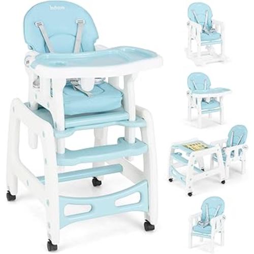 INFANS 5 in 1 Baby High Chair, Convertible Toddler Table Chair Set, Rocking Chair, Multi-Function Seat with Lockable Universal Wheels, Adjustable Seat Back, Removable Trays (Blue)