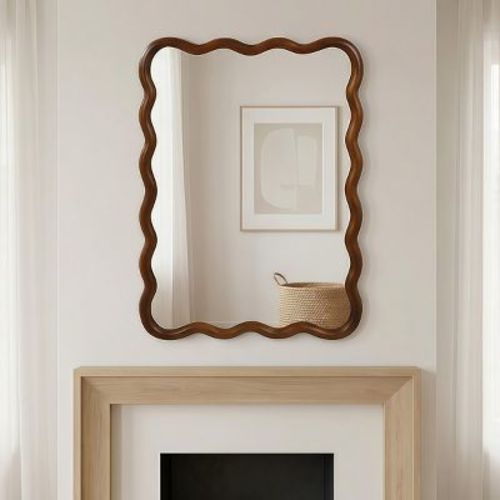 30" x 40" Wall Mirror with Walnut Solid Wood Frame, Wavy Rectangle Decorative Mirror for Bathroom, Bedroom, Living Room, Entryway-Panipeachy