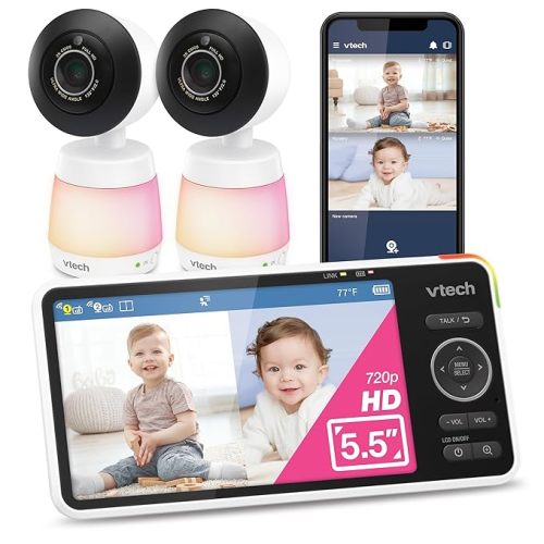 VTech 2-Cameras Smart WiFi Baby Monitor, 2K CMOS Sensor Camera, 5.5-inch HD IPS Screen, Split-Screen, Clear Infrared Night Vision, Pan-Tilt, 24x Zoom, 2-Way Talk, Free App: Smart HD Plus Twin
