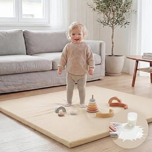Baby Play Mat 50x50 Inches,1.3" Thick Padded Waterproof Floor Cushion & Playpen Mat with Vegan Leather,Non-Slip & Non-Toxic Nursery Rug for Infants, Toddlers & Kids(Beige)