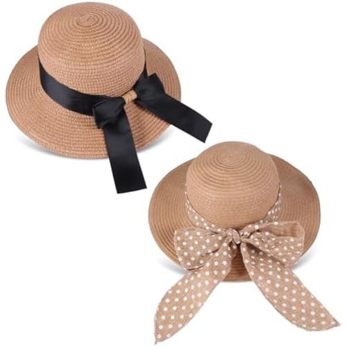 Leumoi 2 Pcs Girl Straw Hats Sun Hat Toddler Beach Hat with Bow Knot Kids Summer Straw Cap for Little Girl Kids 3 to 5 Years