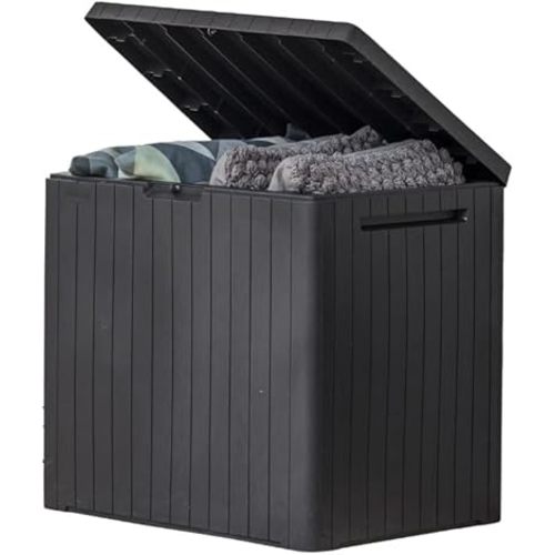 Keter City 30 Gallon Resin Outdoor Storage Box and Patio Furniture Side Table for Pool and Garden Accessories, Dark Grey