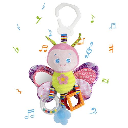 Funsland BabyToys for Girls and Boys Clip on Car SeatToy & BabyStroller Toy with Teether and Rattle for Infants Sensory Toys Cartoon Animal Soft KidsToys