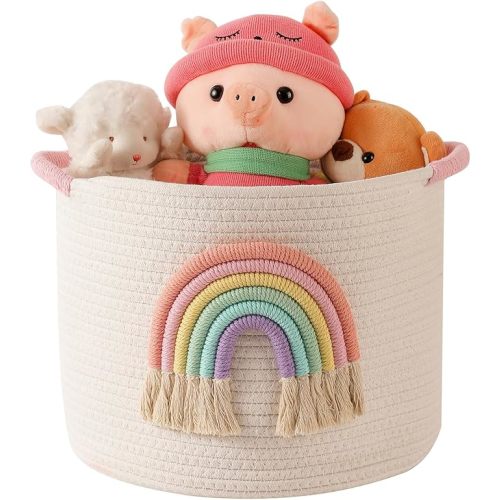INough Toy Storage Baskets Woven Cotton Rope Storage Basket with Rainbow Decor for Kids, Blanket Baskets for Living Room Toys Organizer Rainbow Baby Gifts Basket with Handle for Girls Nursery Playroom