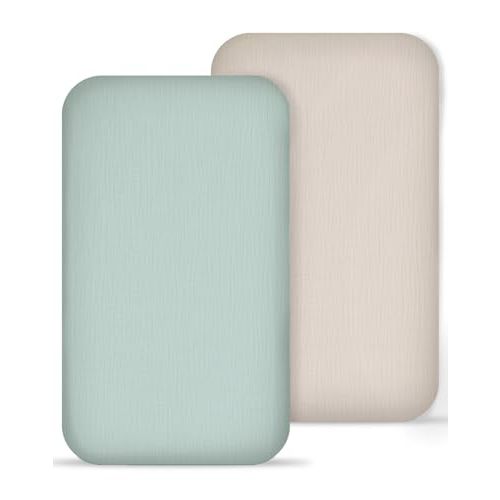 Muslin Bedside Bassinet Sheets 2 Pack, 33x20 Fitted Ultra Soft & Breathable Bedside Sleeper Sheets, Ideal for Baby Girl and Boy, Perfect for Newborns (Beige & Sage)
