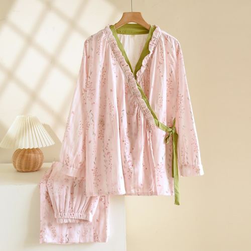 Ownkoti Pink Striped Floral Kimono Loungewear Set