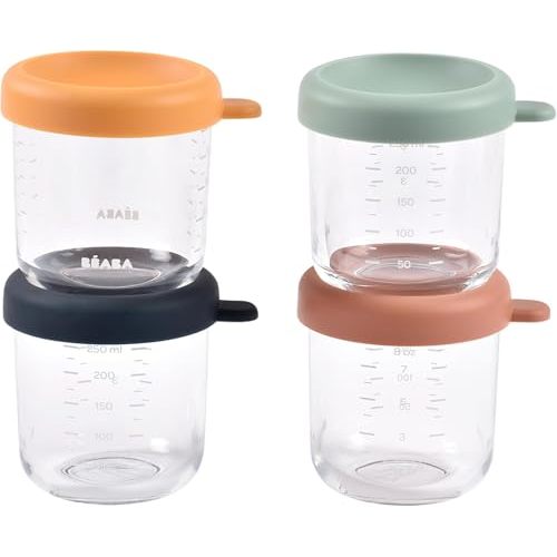 BEABA 4 Pack Glass Baby Food Jars with Soft Silicone Air Tight Lids, 8 oz Glass Storage Containers with Lids, Microwave and Freezer Safe Containers, Sunrise