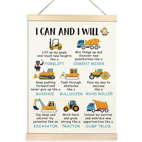 TAEDIN Construction Wall Decor Poster Hanger Frame, Inspirational Construction Room Decor for Boys Decorations Wooden Canvas Print, Construction Decor Hanging Sign for Boys Room Decor 12X16, Truck