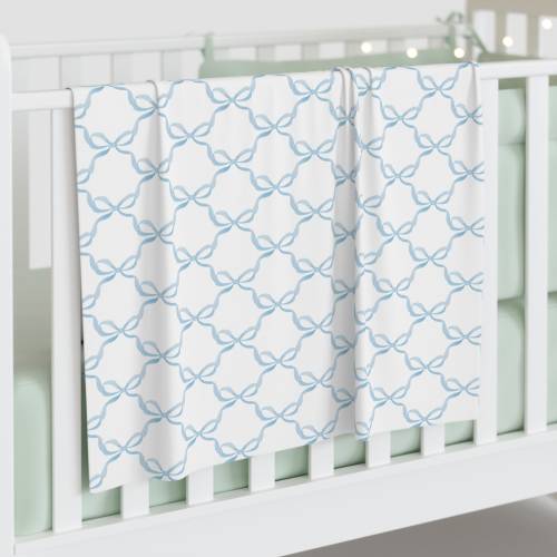 Watercolor Bow Print Baby Swaddle Blanket: Blue & White Jersey Polyester