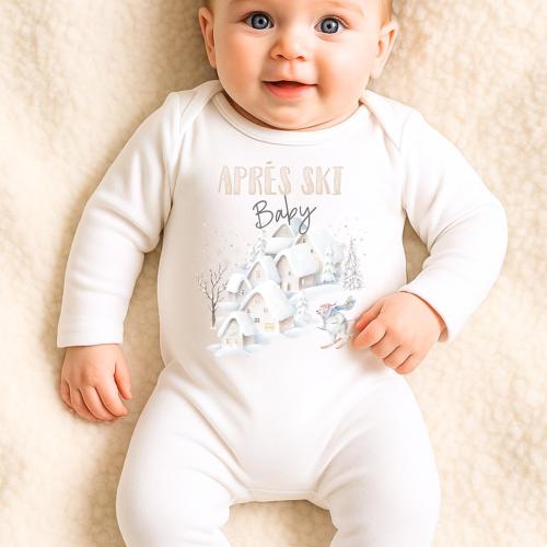Apres Ski Baby Sleepsuit, Bodysuit, or Bib, Skiing Bear Snow Scene