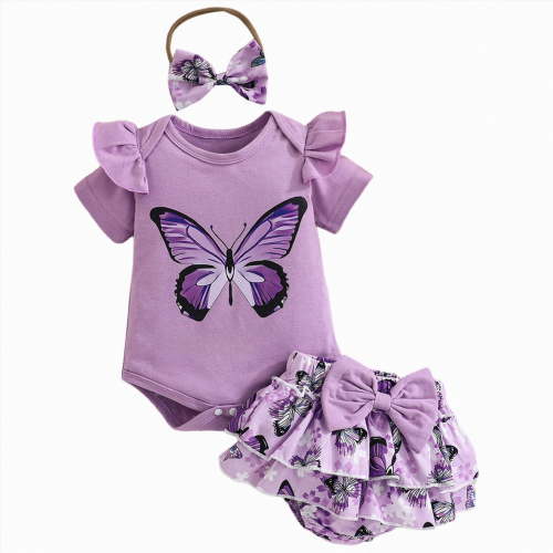 CAICJ98 Baby Girl Clothes Summer Outfit Newborn Infant Ruffle Short Sleeve Butterfly Romper+Layered Bloomers Shorts Skirt+Headband Sets (Purple,0-3 Months)