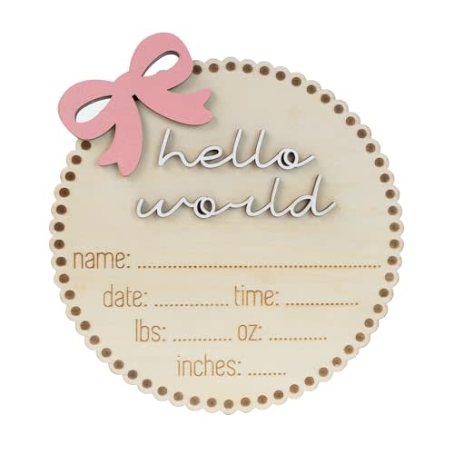 Hello World Wooden Birth Announcement Sign, 6.2 inch Round Nursery Photo Prop, Baby Name Weight Length Date Time Plaque (BB63)