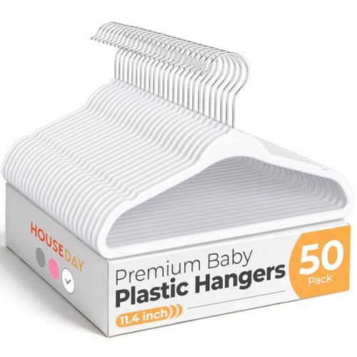 HOUSE DAY 11.4 Inch Baby Hangers 50 Pack - Plastic Kids Hangers Space Saving Thin Profile, Children Closet Organizers with Rotatable Hook of 360, Heavy Duty for Toddler Clothes Nursery - White