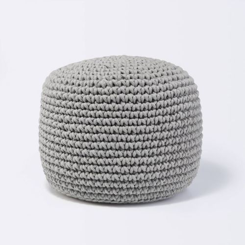 Ottoman - Cloud Island™ Gray Shadow: Cotton Pouf, Padded Seat, Round Shape, 6.61lb