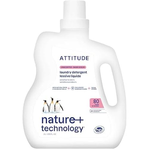 ATTITUDE Liquid Laundry Detergent, EWG Verified, HE Compatible, Plant-Based & Vegan, Natural Laundry Soap, Unscented, 80 Loads, 67.6 Fl Oz