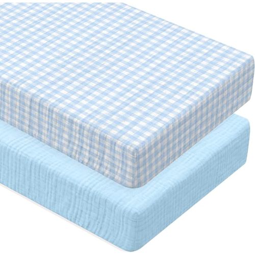 Muslin Blue and Blue Gingham Crib Sheets for Boy Girl Soft and Breathable 100% Cotton Plaid Baby Bed Crib Sheets Checkered Fitted Mattress Cover for 52''x 28'' Standard Mattress Size