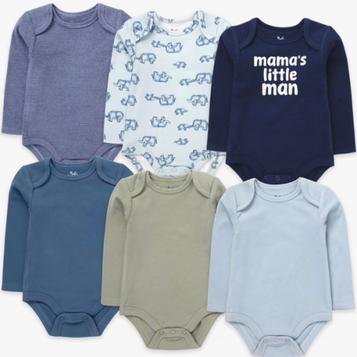 Baby Essentials 6-pack Long Sleeve Bodysuits,Solid & Printed Designs, Soft Stretch Polyester Spandex, Snap Closure