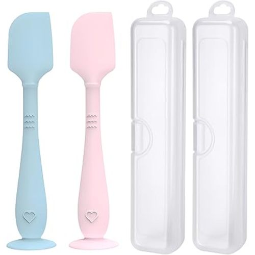 2 Pack Diaper Cream Spatula with Hygienic Travel Case, Butt Spatula Baby with Suction Base, Baby Butt Paste Spatula, Soft Silicone Diaper Rash Cream Applicator Large Size (Blue & Pink)